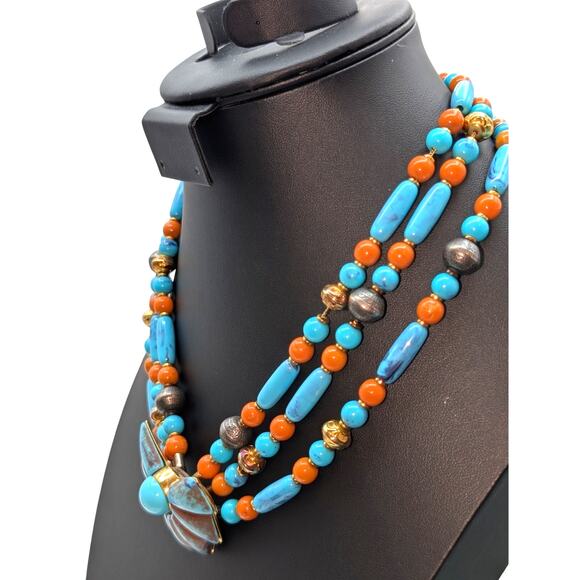 Vintage Three Strand Aqua Brick Gold Tone & Silver Tone Beaded Pendant Necklace - Picture 2 of 7